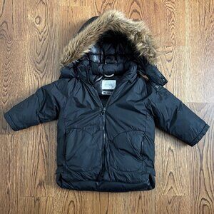 Zara Unisex Down Puffer Jacket Black w/ Zipper and Removable Fur Hood 18-24mo